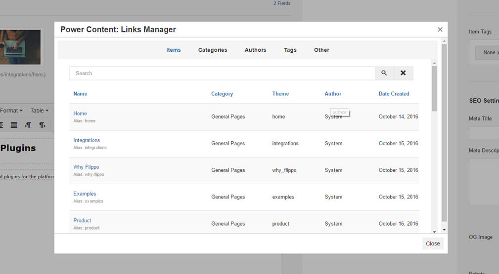 links manager popup